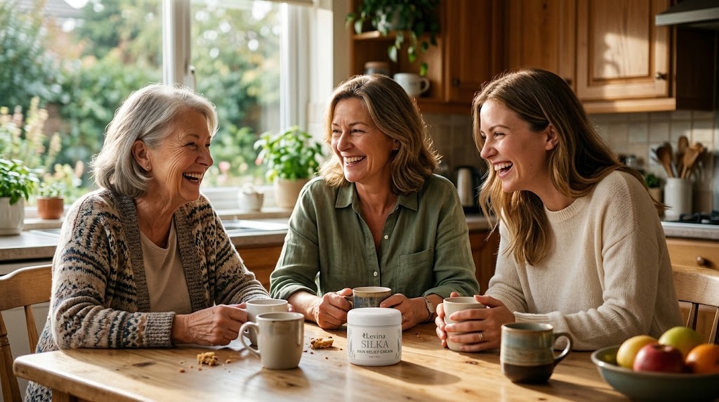 Three generations of women laughing at a kitchen table with a jar of Levina Silka