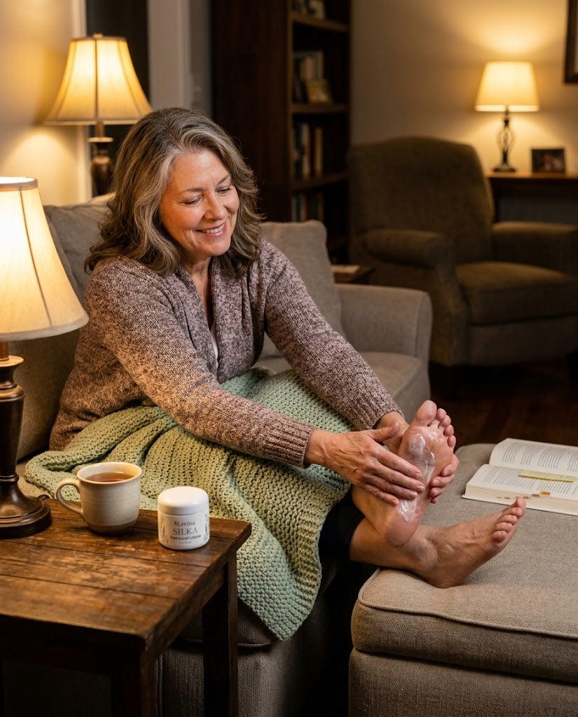 Woman relaxing on her couch in the evening, massaging Levina Silka cream into her foot